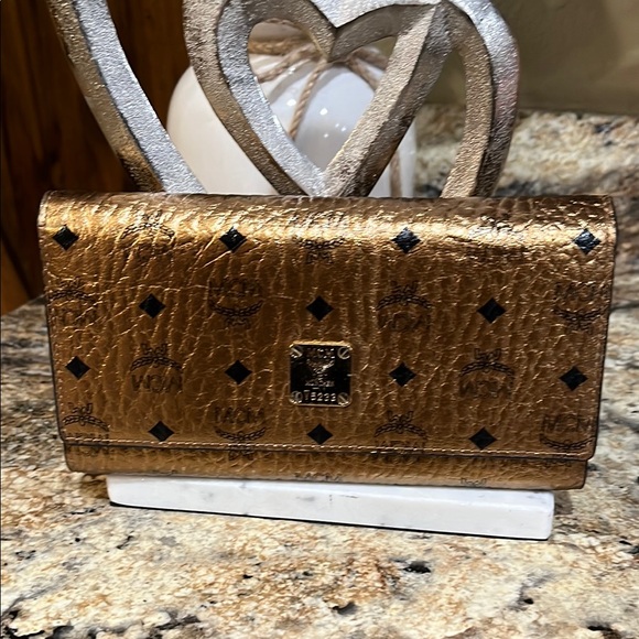 MCM Handbags - MCM EUC Metallic Bronze Visetos Coated Canvas Trifold Compact Wallet